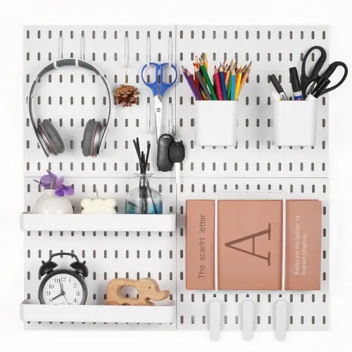 VEVOR Tool Wall, 28 x 28 cm, set van 4, kunststof wandorganizerset met accessoires, voor garage, gereedschapsopslag, keuken, woonkamer, hobbykamer, kantoor, badkamer, huis, wit