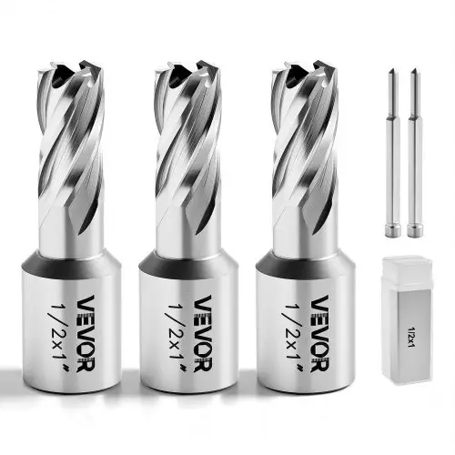 VEVOR HSS kernboorset, Weldon-schacht, 5-delig. Magnetische boorset, 25,4 mm snijdiameter, 3 boren met 2 centreerpinnen, 25,4 mm snijdiepte, 3 kunststof opbergdozen voor magnetische boormachines, staal, aluminium