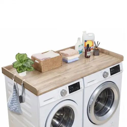 VEVOR Werkblad voor wasmachine en droger (137 x 69,9 cm) met opstaande rand en haken, voor organisatie en opbergruimte in linnenkast, voorraadkast of keukenblad, draagvermogen 113 kg, eikenlook