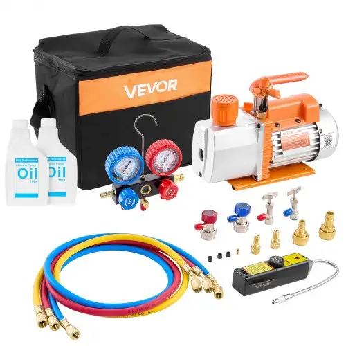 VEVOR vacuümpomp met manometer, 7 CFM 198 L/min, 2-traps roterende schottenvacuümpomp, 550 W vacuümpompset voor R134a, R22 en R410a, inclusief lekdetector en draagtas, voor auto-airconditioningsystemen