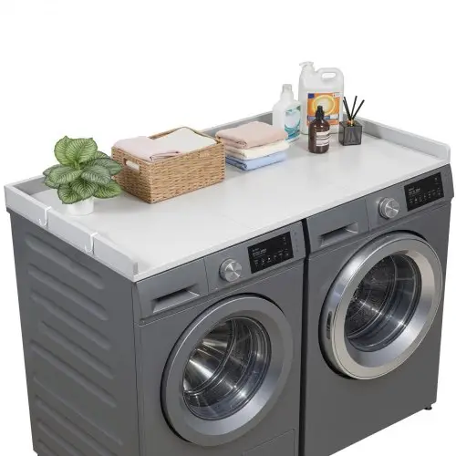 VEVOR Werkblad voor wasmachine en droger (137 x 69,9 cm) met opstaande rand en haken, voor organisatie en opbergruimte in linnenkast, voorraadkast of keukenblad, draagvermogen tot 113 kg, grijs
