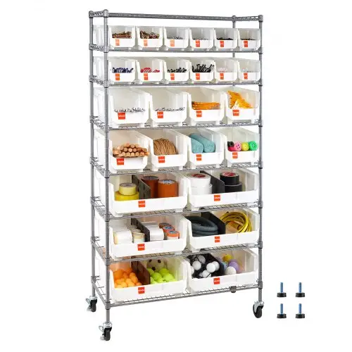VEVOR vrijstaande opbergkast, opbergrek met 8 planken en 26 stapelbare dozen, boekenplank, keukenrek op wielen, verrijdbaar opbergrek voor garage, magazijn, kantoor, restaurant, klaslokaal, keuken, 355x900x1690 mm