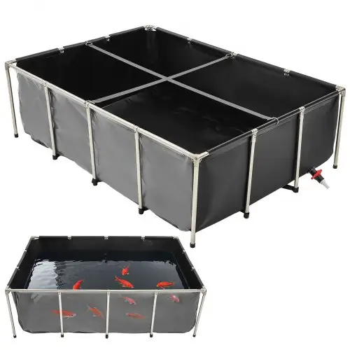 VEVOR Canvas Visvijver, 1781,3 L Viskom, PVC Koi-kom met transparant kijkvenster, Aquarium met roestvrijstalen frame en aftapkraan, voor het kweken van Koi en Goudvissen (Zwart)