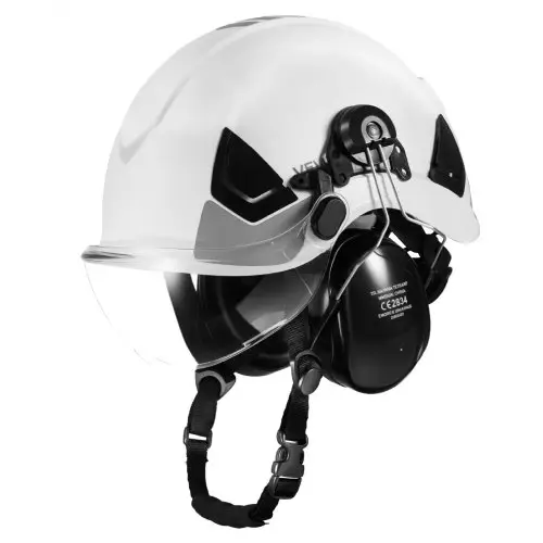 VEVOR Veiligheidshelm ANSI/ISEA Z89.1 goedgekeurde ABS veiligheidshelm met vizier en gehoorbescherming, verstelbare industriële helm, geventileerde bouwhelm, werkhelm voor industriële bouw, werkkleding, wit