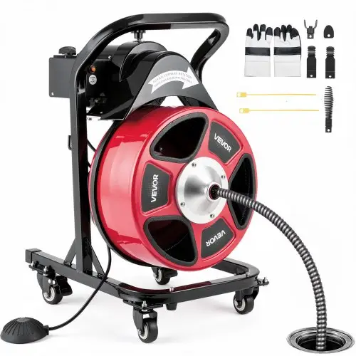 VEVOR Pijpreinigingsmachine met handmatige invoer, 15 m x 13 mm afvoerspiraal, verrijdbare pijpreinigingsspiraal voor toilet- en wastafelafvoeren, voor leidingen van Ø50-150 mm, met snijbladen en voetschakelaar