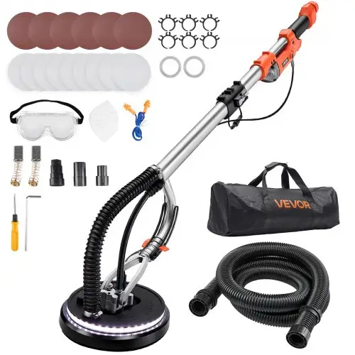 VEVOR gipsplaatschuurmachine, 1010 W plafondschuurmachine met 255 mm schuurschijf, schuurmachine met lange steel en een toerental van 1000–2200 rpm, dubbelwandige LED-verlichting, uitschuifbare handgreep, 15 schuurschijven, stofafzuigslang