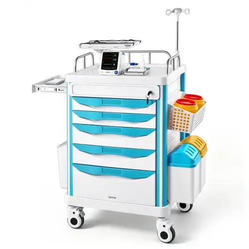 VEVOR Medische Trolley 110 kg Laboratoriumtrolley Medische Servicetrolley 84x68x165 cm, voor klinieken, ziekenhuizen en laboratoria, Geluidsarme transporttrolley met 5 laden, 360° draaibaar, Vergrendelbare wielen