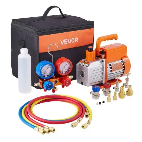VEVOR 113 L/min vacuümpomp, enkeltraps, roterende schoepen HVAC lucht vacuümpomp, A/C koelmiddelverdeler drukmeterset, met draagtas, voor koelmiddelen R134a R22 R410a R1234YF