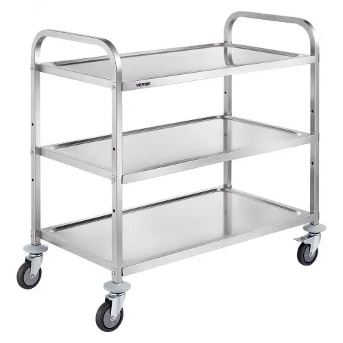 VEVOR Keukentrolley, 3 lagen, laboratoriumtrolley met een draagvermogen van 100 kg, roestvrijstalen serveertrolley, opruimtrolley, transporttrolley, rolbare opbergtrolley met 6 haken, voor binnen- en buitengebruik, zilverkleurig