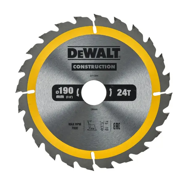 DeWALT Ø 190mm Asgat 30mm 24T Cirkelzaagblad voor Hout | Construction - DT1944-QZ
