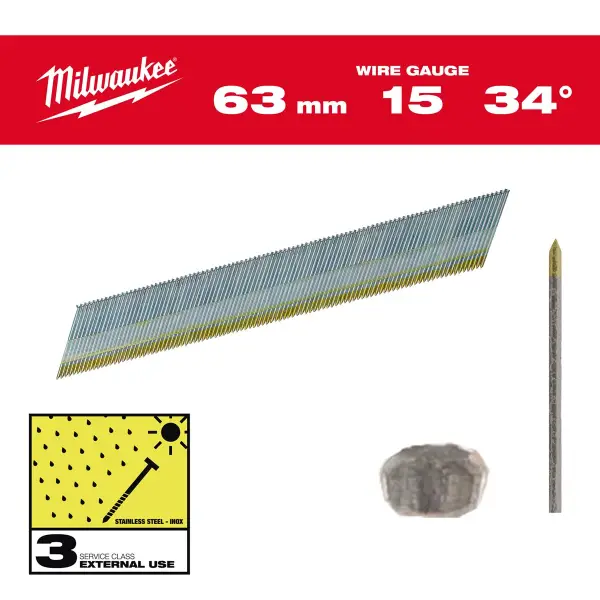 Milwaukee 63mm 15 Ga 34° Nagels | RVS | (2200 stuks) - 4932492581