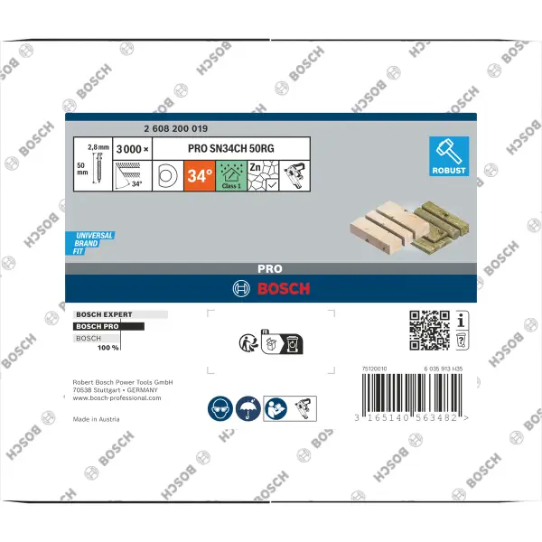 Bosch 75 mm 2,8 x 7,0 34° D-kop nagel | Geringd | Gegalvaniseerd | (D-vorm) | 3000 stuks - Professional PRO SN34CH - 2608200021