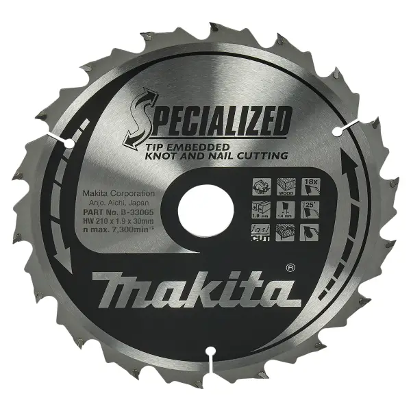 Makita 210 x 30 mm 18-tands Cirkelzaagblad Hout (noest/spijker) | Embedded Tip - B-33065
