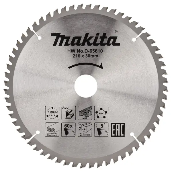 Makita Ø 216mm Asgat 30mm 60T Afkortzaagblad voor Multimaterial | Standaard - D-65610