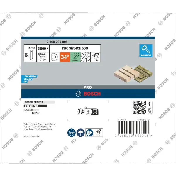 Bosch 50 mm 2,8 x 7,0 34° D-kop nagel | Glad | Gegalvaniseerd | (D-vorm) | 3000 stuks - Professional PRO SN34CH - 2608200005