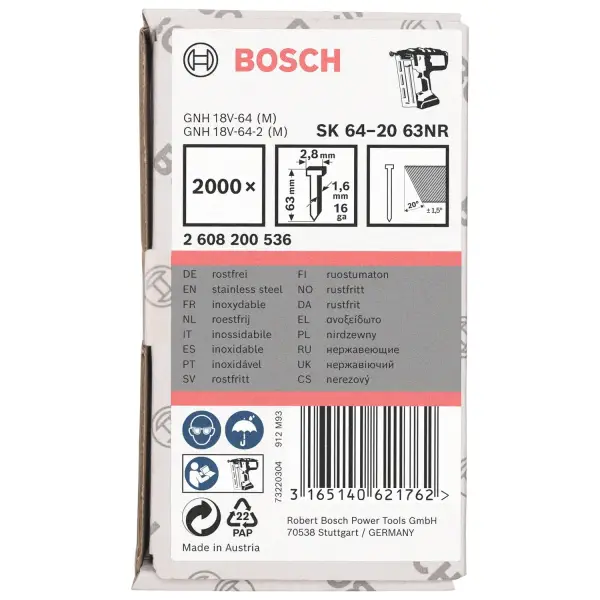 Bosch 63mm 16Ga 20° Afwerknagel RVS (2000 stuks) - Professional - 2608200536