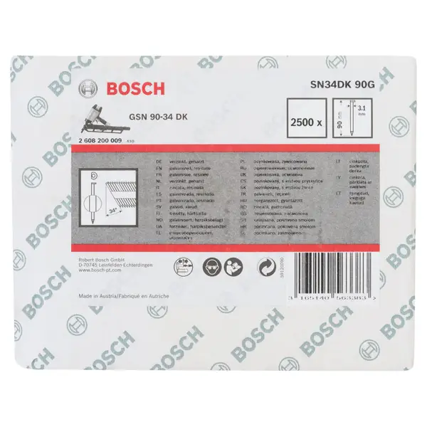 Bosch 90 mm 3,1 x 7,1 34° D-kop nagel | Glad | Gegalvaniseerd | (D-vorm) | 2500 stuks - Professional PRO SN34CH - 2608200009