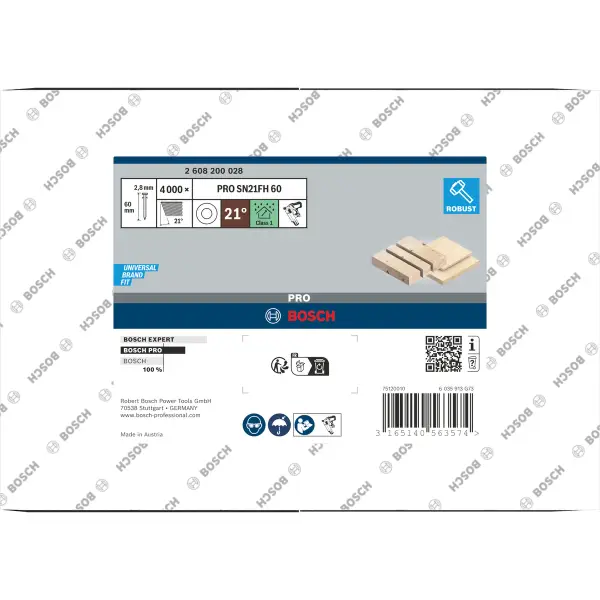 Bosch 60 mm 2,8 x 7,0 21° Full-head nagel | Glad | Blank | 4000 stuks - Professional PRO SN21FH - 2608200028