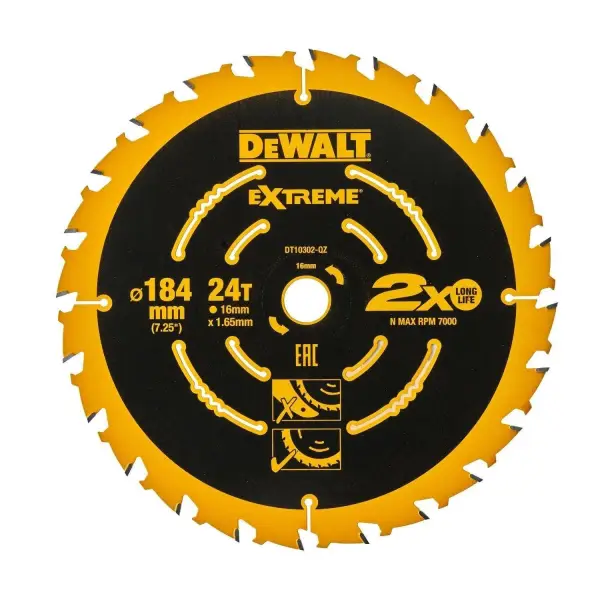 DeWALT Ø 184mm Asgat 16mm 24T Cirkelzaagblad voor Multimaterial | Extreme - DT10302-QZ