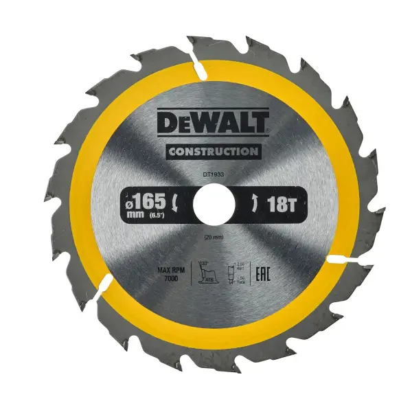 DeWALT Ø 165mm Asgat 20mm 18T Cirkelzaagblad voor Hout | Construction - DT1933-QZ