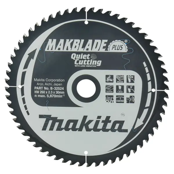 Makita Ø 260mm Asgat 30mm 60T Afkortzaagblad voor Hout | Makblade-Plus - B-32524