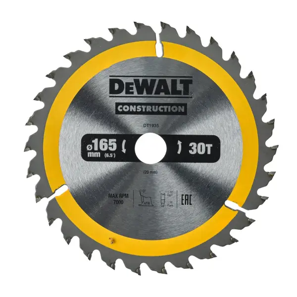 DeWALT Ø 165mm Asgat 20mm 30T Cirkelzaagblad voor Hout | Construction - DT1935-QZ