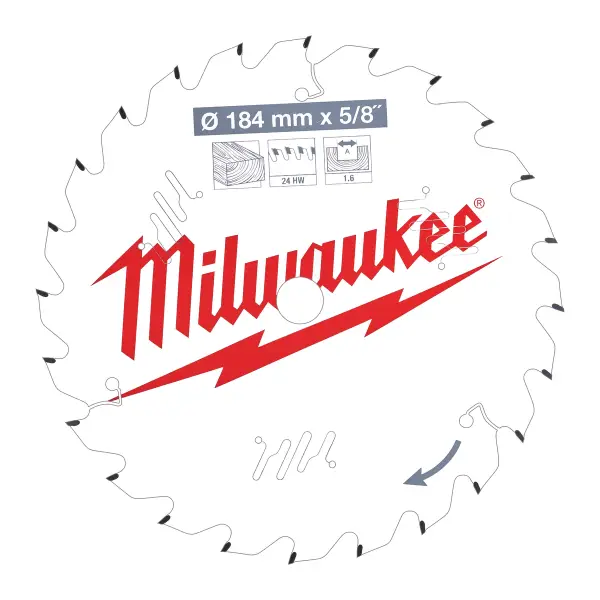 Milwaukee Cirkelzaagblad hout 184 x 5/8 x 1,6 Thin Kerf ATB 24T +15° - 4932471378