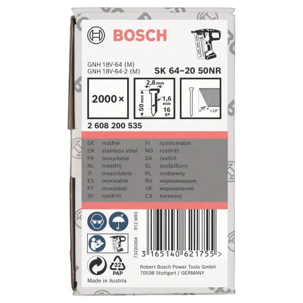 Bosch 50mm 16Ga 20° Afwerknagel RVS (2000 stuks) - Professional - 2608200535