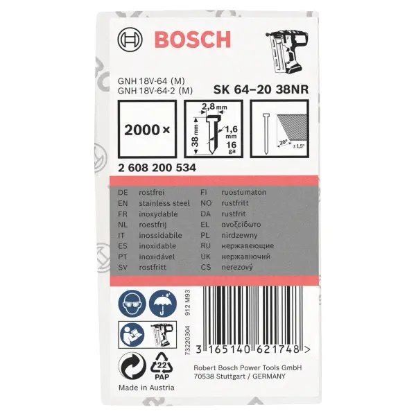 Bosch 38mm 16Ga 20° Afwerknagel RVS (2000 stuks) - Professional - 2608200534