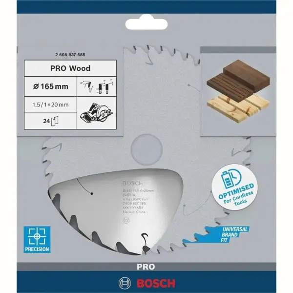 Bosch Ø 165 x 1,5 x 20mm 24T Cirkelzaagblad PRO Wood Cordless - Professional - 2608837685