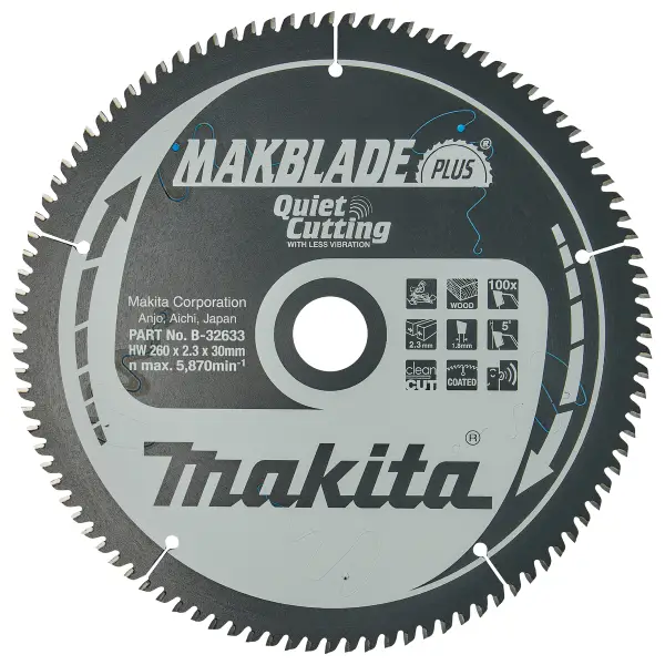 Makita 260 x 30 mm 100-tands Afkortzaagblad Hout | Makblade-Plus - B-32633