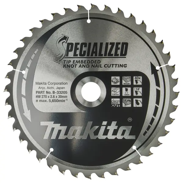 Makita 270 x 30 mm 40-tands Cirkelzaagblad Hout (noest/spijker) | Embedded Tip - B-33205