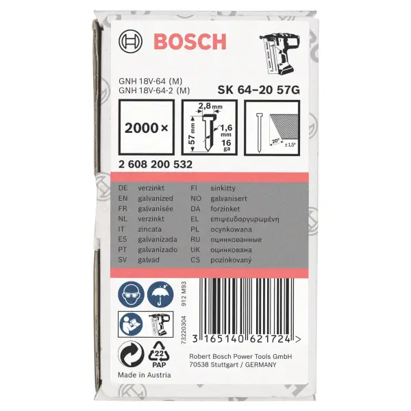 Bosch 57mm 16Ga 20° Afwerknagel verzinkt (2000 stuks) - Professional - 2608200532