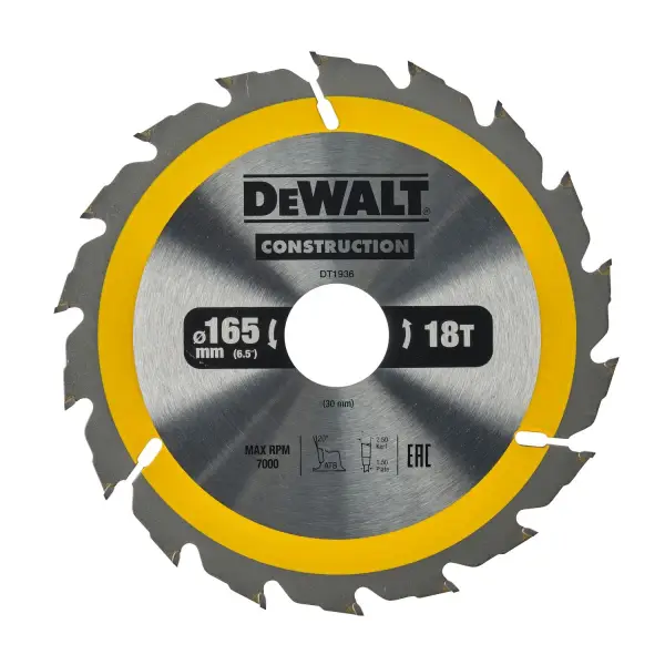 DeWALT Ø 165mm Asgat 30mm 18T Cirkelzaagblad voor Hout | Construction - DT1936-QZ