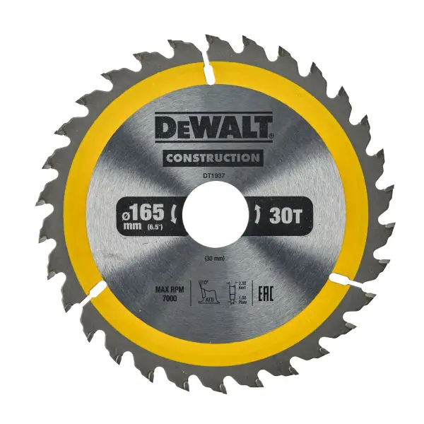 DeWALT Ø 165mm Asgat 30mm 30T Cirkelzaagblad voor Hout | Construction - DT1937-QZ