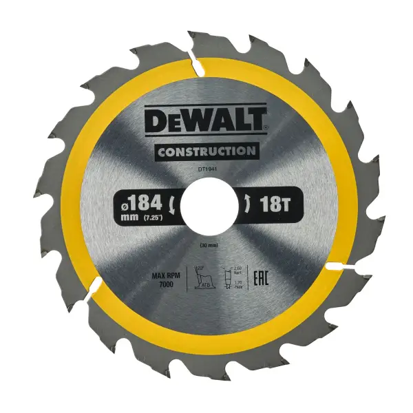 DeWALT Ø 184mm Asgat 30mm 18T Cirkelzaagblad voor Hout | Construction - DT1941-QZ