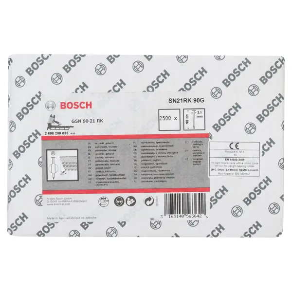 Bosch 90 mm 3,1 x 7,0 21° Full-head nagel | Glad | Gegalvaniseerd | 2500 stuks - Professional PRO SN21FH - 2608200035