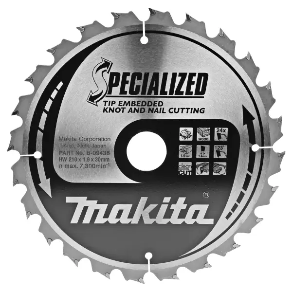 Makita 210 x 30 mm 24-tands Cirkelzaagblad Hout (noest/spijker) | Embedded Tip - B-09438