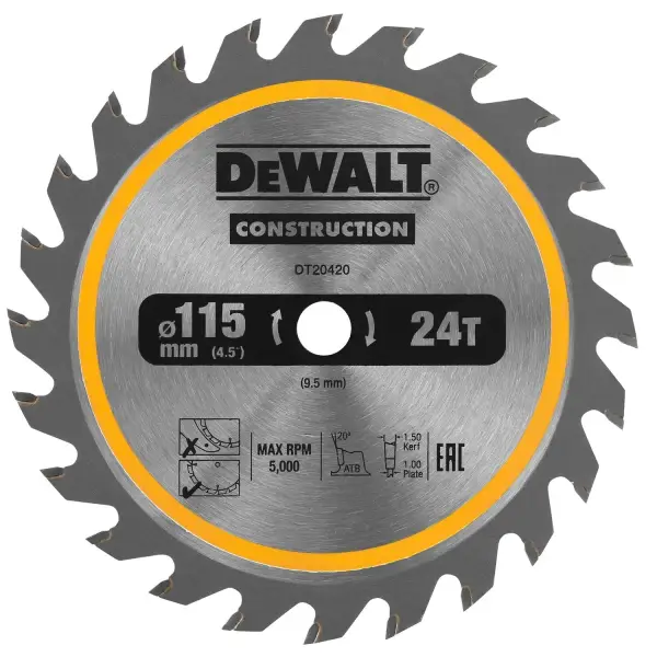 DeWALT Ø 115mm Asgat 9,5mm 24T Cirkelzaagblad voor Hout | Construction - DT20420-QZ