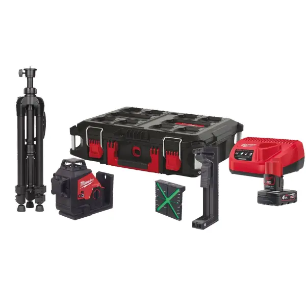 Milwaukee M12 3PLSKIT-401P Accu kruislijnlaser 3x360° groen + statief 12V 4.0Ah in PACKOUT™ - 4933499379