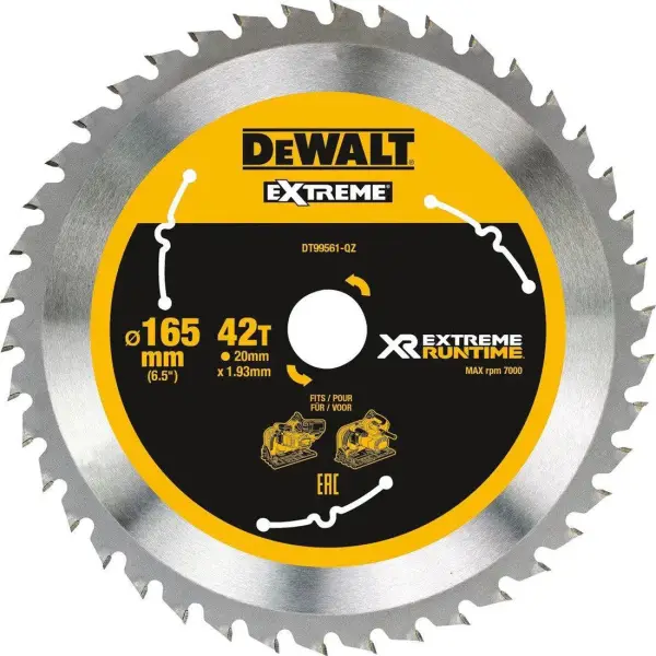 DeWALT Ø 165mm Asgat 20mm 42T Cirkelzaagblad voor Hout | Extreme Runtime - DT99561-QZ