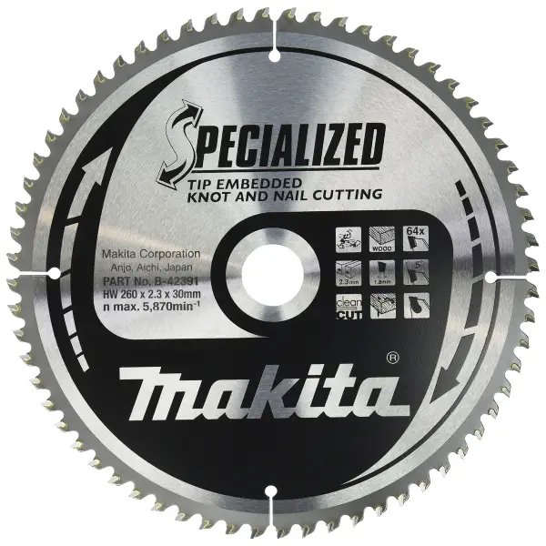 Makita 260 x 30 mm 64-tands Afkortzaagblad Hout (noest/spijker) | Embedded Tip - B-42391