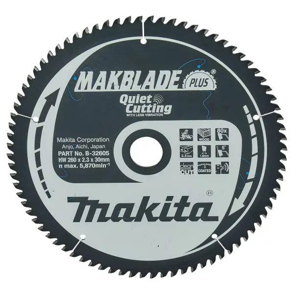 Makita Ø 260mm Asgat 30mm 80T Afkortzaagblad voor Hout | Makblade-Plus - B-32605