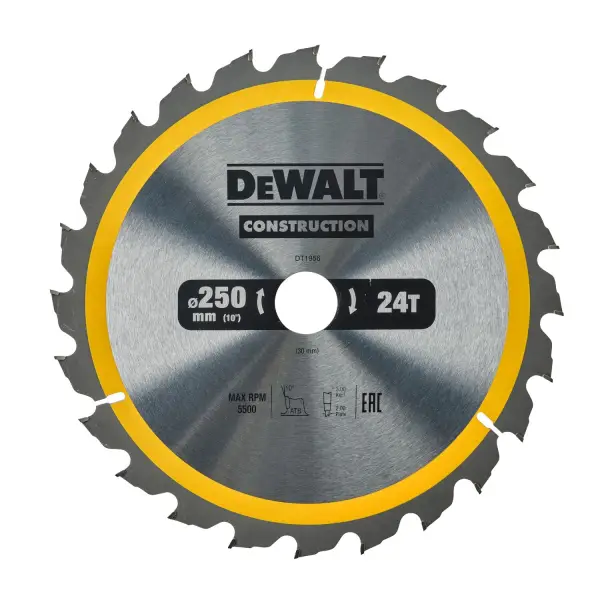 DeWALT Ø 250mm Asgat 30mm 24T Cirkelzaagblad voor Hout | Construction - DT1956-QZ